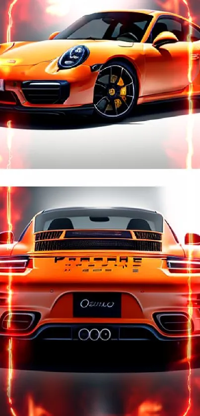 Wallpaper of a sleek orange sports car with dynamic design and high contrast lighting.