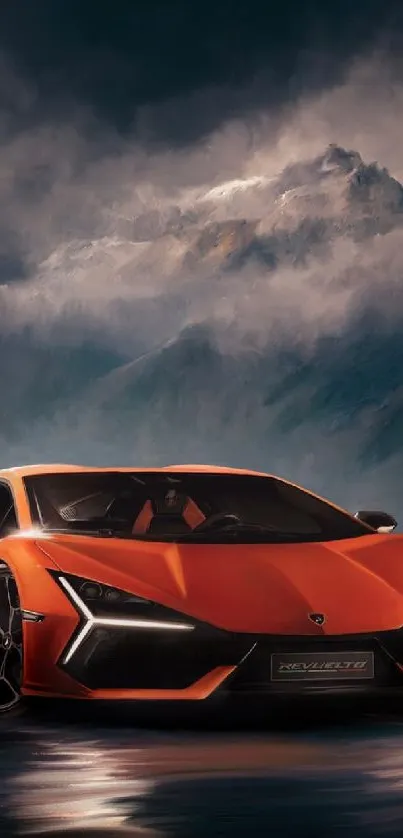 Orange sports car on a mountain road with dramatic cloudy scenery.