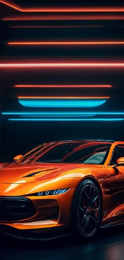 Orange sports car in neon-lit setting wallpaper.