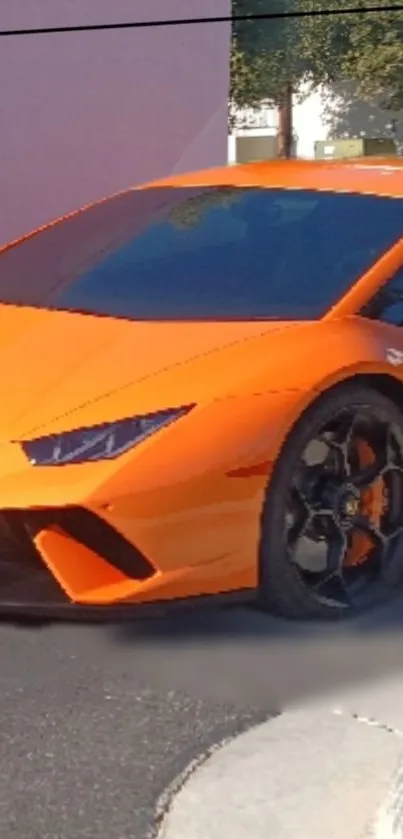 Orange sports car parked in urban setting, sleek and stylish design.