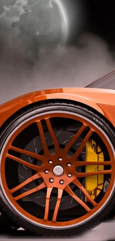 Sleek orange sports car with dark background.
