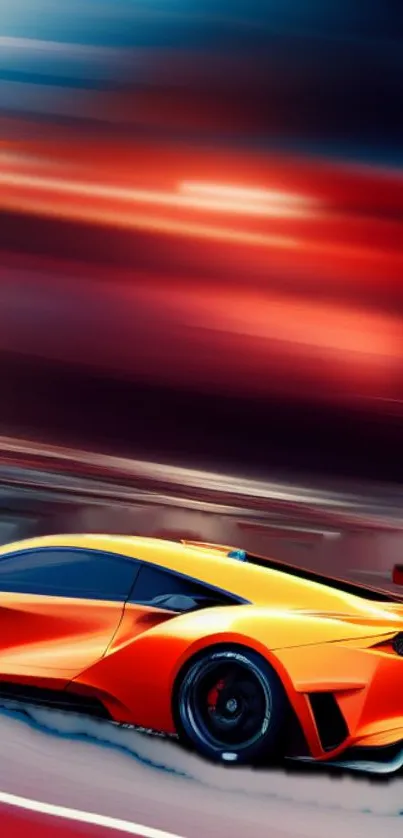 Sleek orange sports car speeding on track with dynamic motion blur.