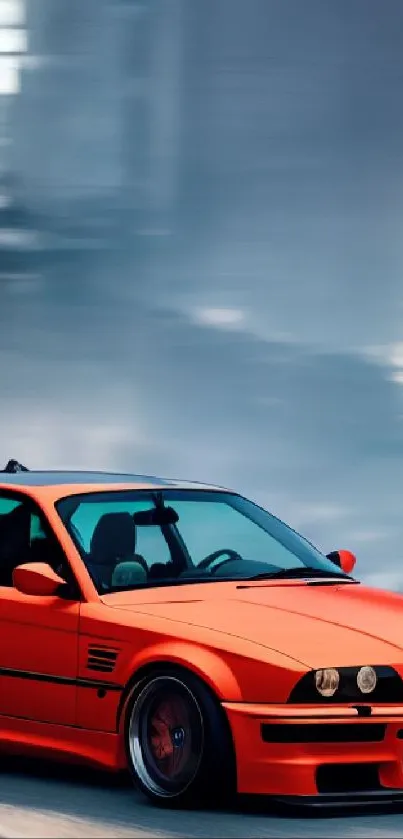 Orange sports car speeding through an urban cityscape with a modern design.