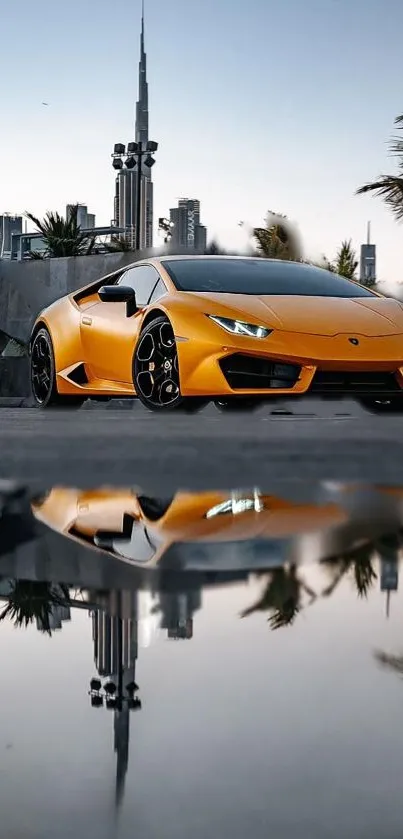 Orange sports car reflected on urban street background.