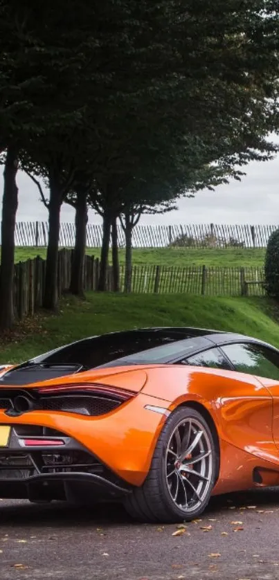 Orange sports car parked in lush green landscape.