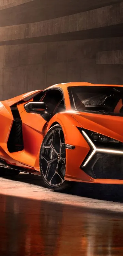 Sleek orange sports car in urban setting.