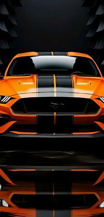 Front view of sleek orange sports car with black details.