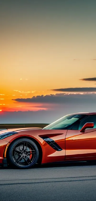 Orange sportscar under a vibrant sunset sky, perfect for mobile wallpaper.