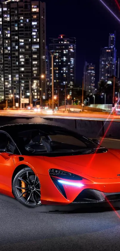 Orange supercar in nighttime cityscape with vibrant lights.