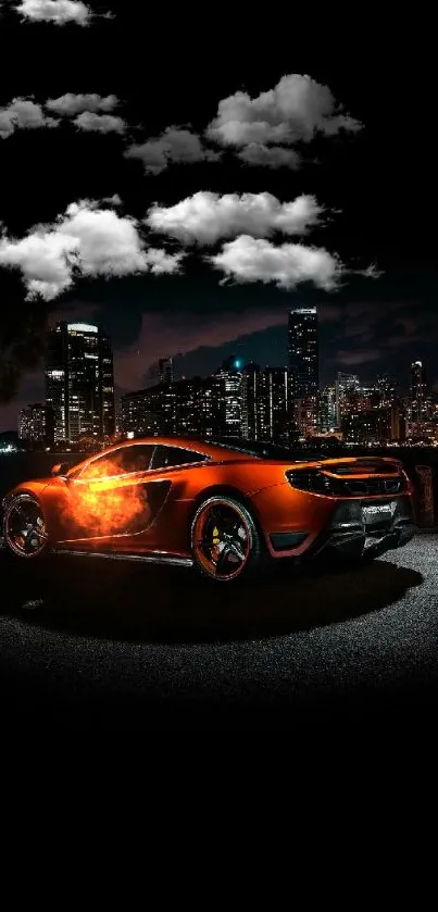 Orange supercar with city night backdrop, sleek design.