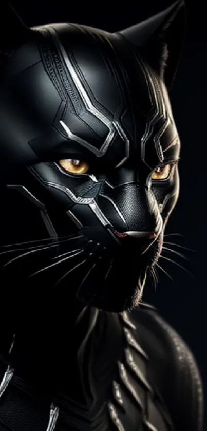 Sleek black panther with metallic design on textured wallpaper.