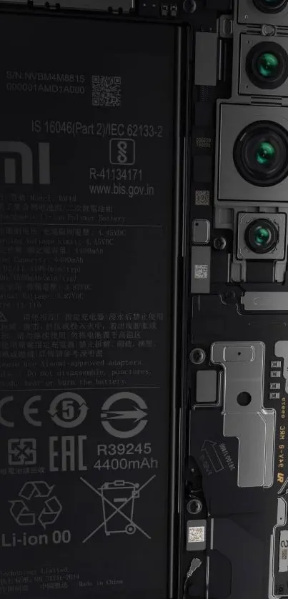 Xiaomi smartphone internal circuitry with camera modules showing detailed components.