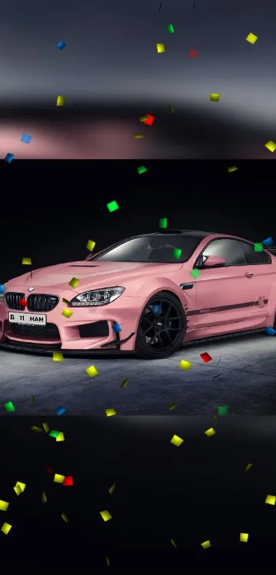 A sleek pink sports car with confetti on a dark background.