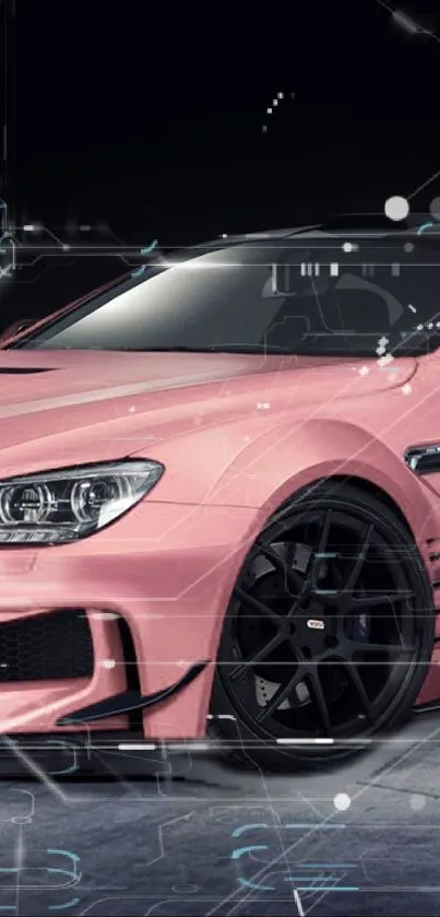 Dynamic pink sports car with black wheels on a techy background.