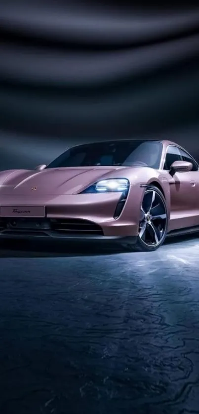 Sleek pink sports car with headlights on, in a moody background.