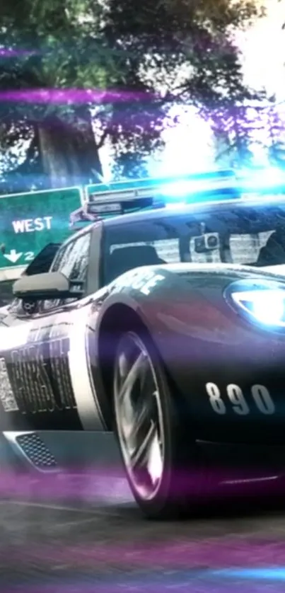 Sleek police car racing with bright lights against forest road.