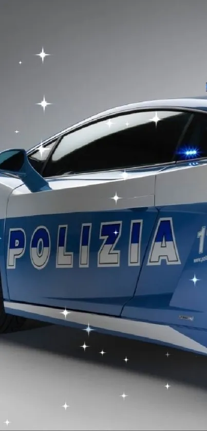 Sleek blue police car with modern design on wallpaper.