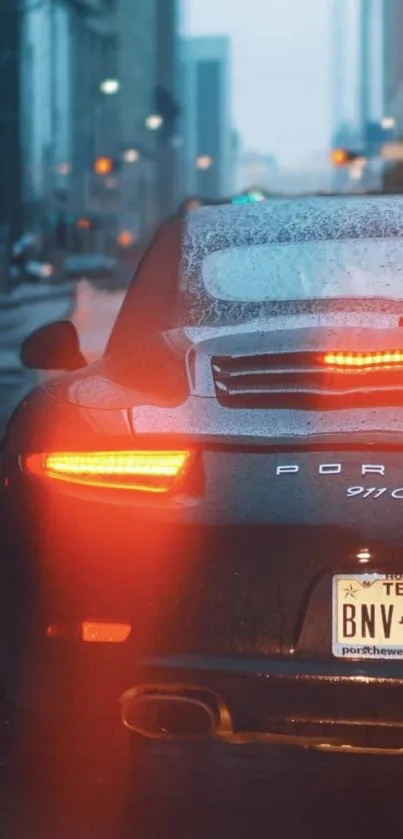 Porsche navigating a rainy city street, captured elegantly for mobile wallpaper.