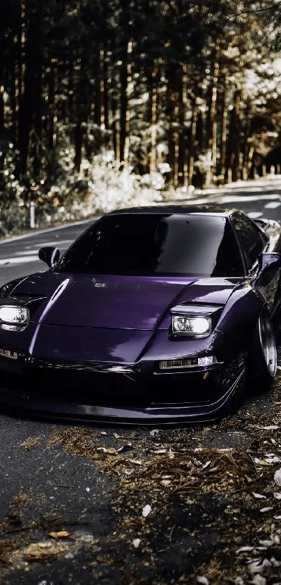 Sleek purple sports car on a forest road in autumn.