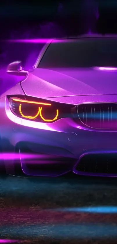 Sleek purple car with glowing lights in vibrant mobile wallpaper.