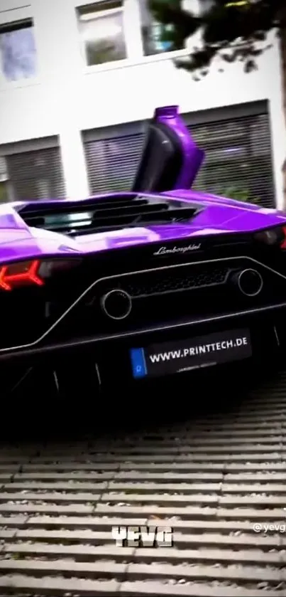 Purple Lamborghini sports car rear view with open scissor door.