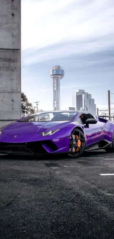 Purple luxury car in urban setting with sleek design.