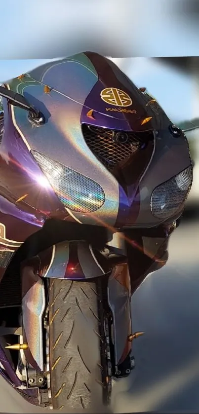 Sleek purple motorcycle on display with a blurred background.