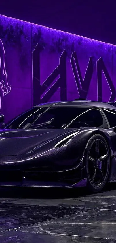 Sleek purple sports car in neon-lit setting.