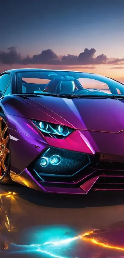 Purple sports car with vibrant lights and a sunset background.