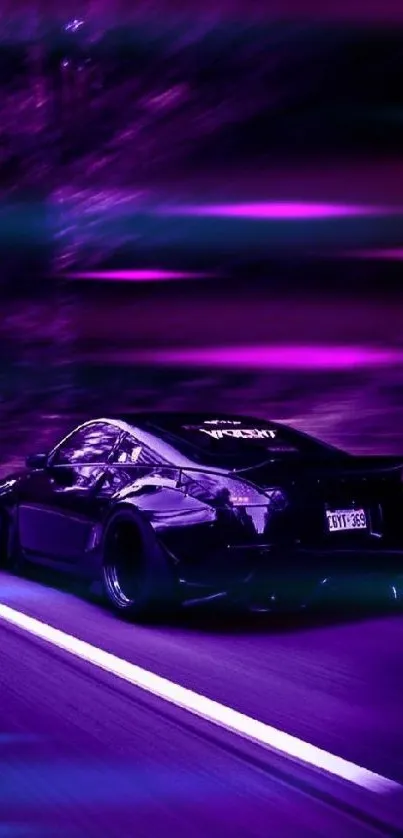 Sleek black sports car on a purple-tinted road.