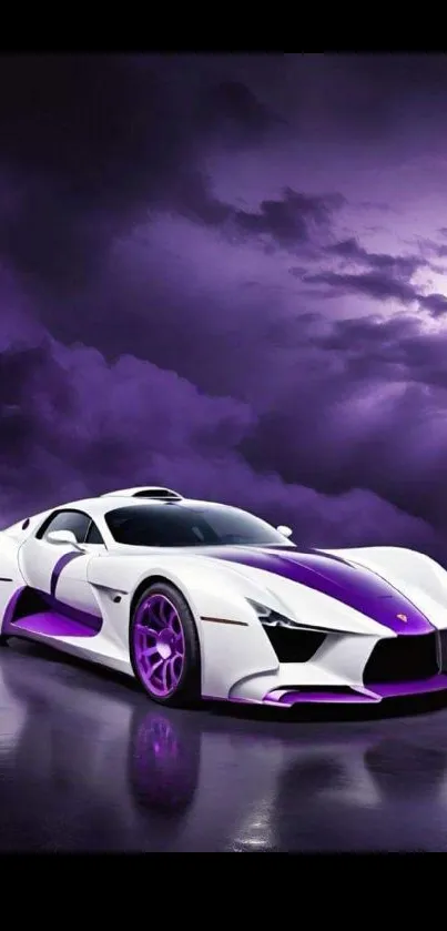 Purple sports car with a dramatic cloudy background.