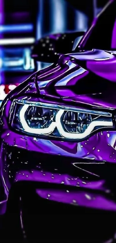 Purple sports car with neon lights in urban scene.