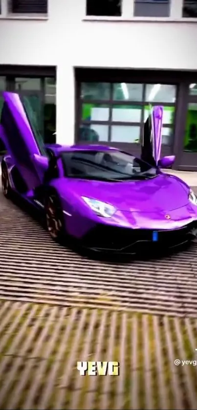 Purple sports car with open doors in front of a modern building.