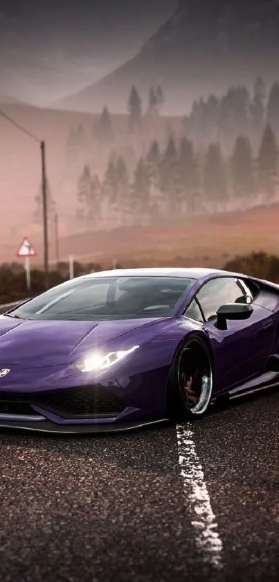 Purple sports car on mountain road with misty forest backdrop.