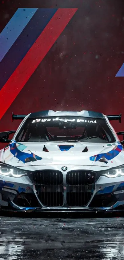 Sleek race car with bold stripes on dynamic background.