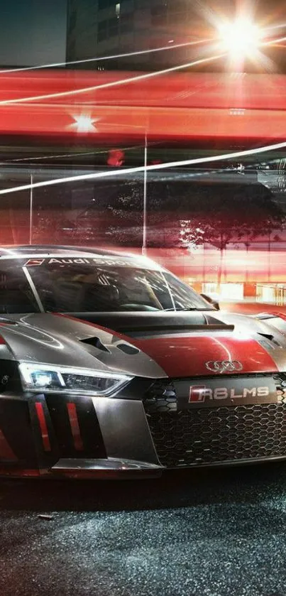 Sleek race car with red night lights on an urban street.