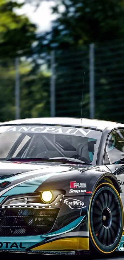 Sleek race car on a track with dynamic green accents.