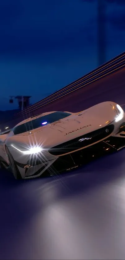 Futuristic race car speeding on a track at night.