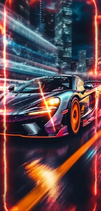 Vibrant racing car speeding through a city at night.