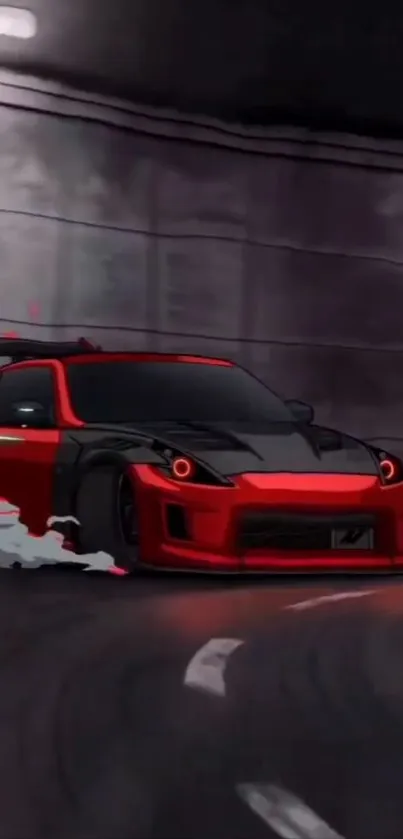 Red racing car drifts in a tunnel.
