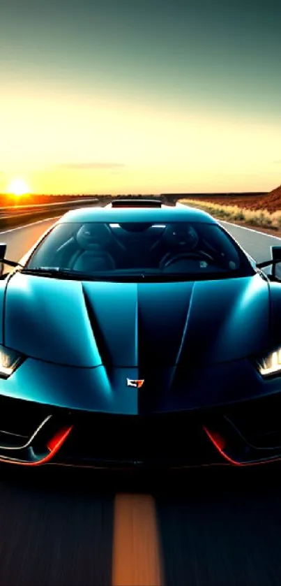 Sleek racing car on a sunset road with dramatic lighting.