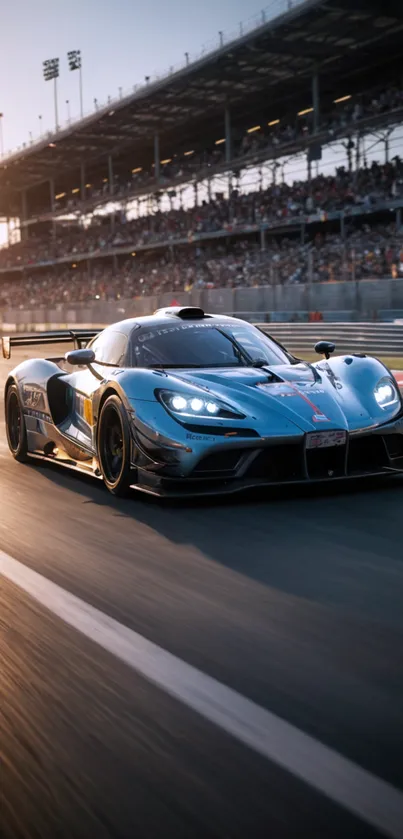 Sleek blue racing car on a daylight track