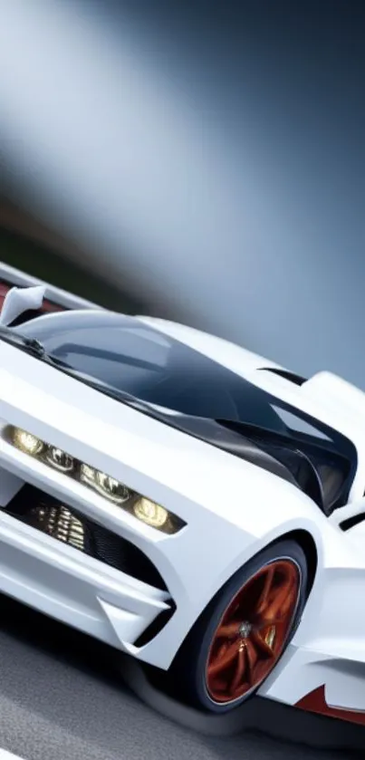 Sleek white racing car against a blurred background, showcasing speed and elegance.