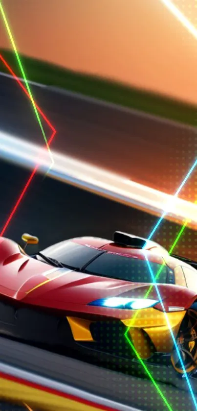 Dynamic red racing car with neon lights on track.