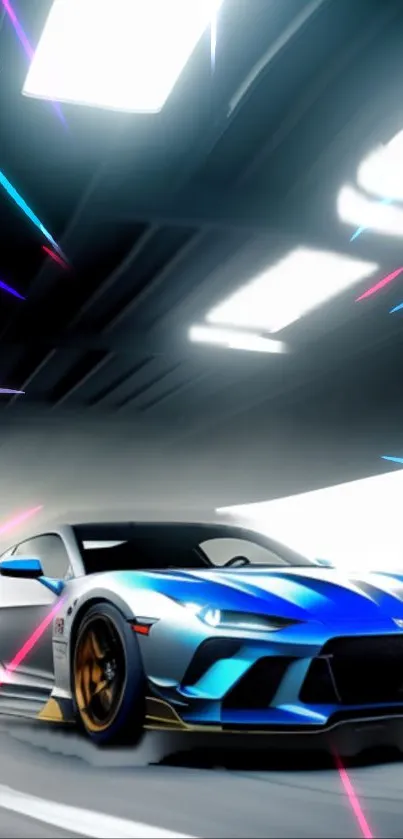 Sleek racing car with vibrant neon light trails.