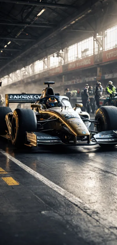 Sleek gold racing car in action at the pit stop.