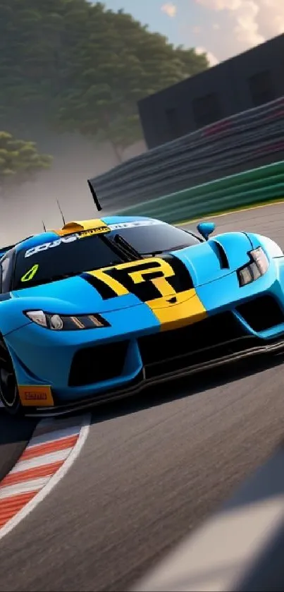 Blue racing car speeds on track with dynamic curves.
