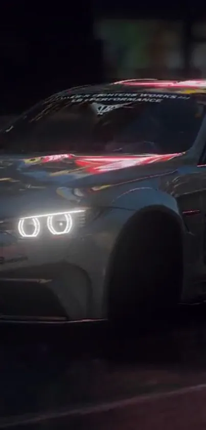 Sleek racing car with glowing headlights at night.