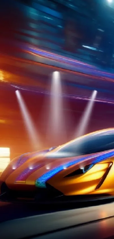 Sleek racing car with neon lights in a futuristic cityscape.