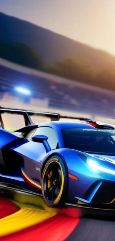 Sleek blue racing car on a vibrant track wallpaper.